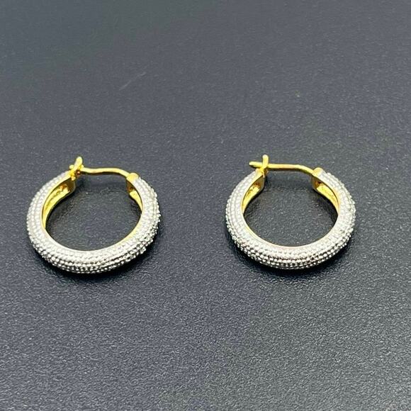 RT Sterling Silver Gold Plated Two Tone Diamond Chip Pave Round Hoop Earrings - Picture 3 of 8
